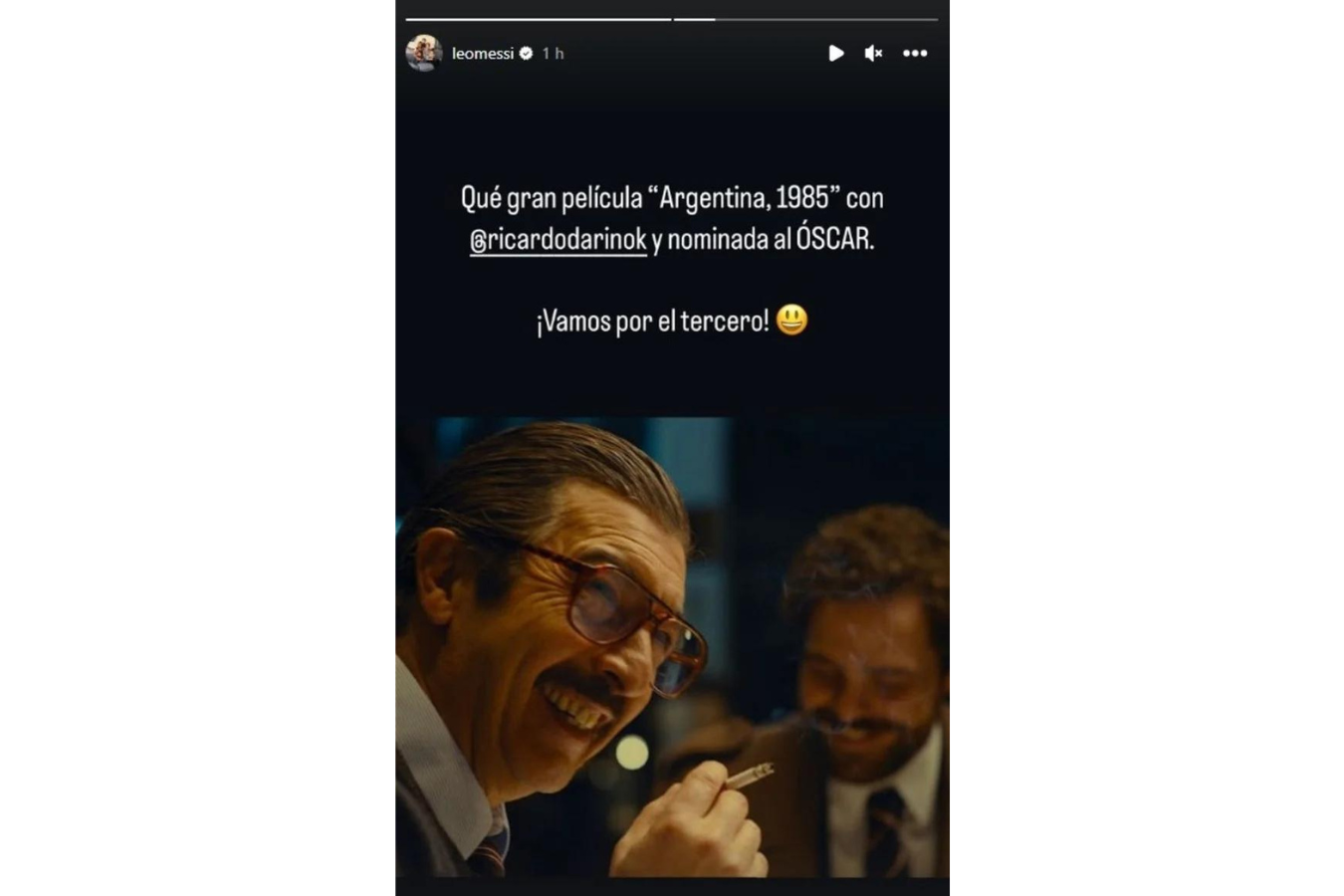 Pantallazo de la historia de Instagram de Lionel Messi mostrando su apoyo a 'Argentina, 1985'.