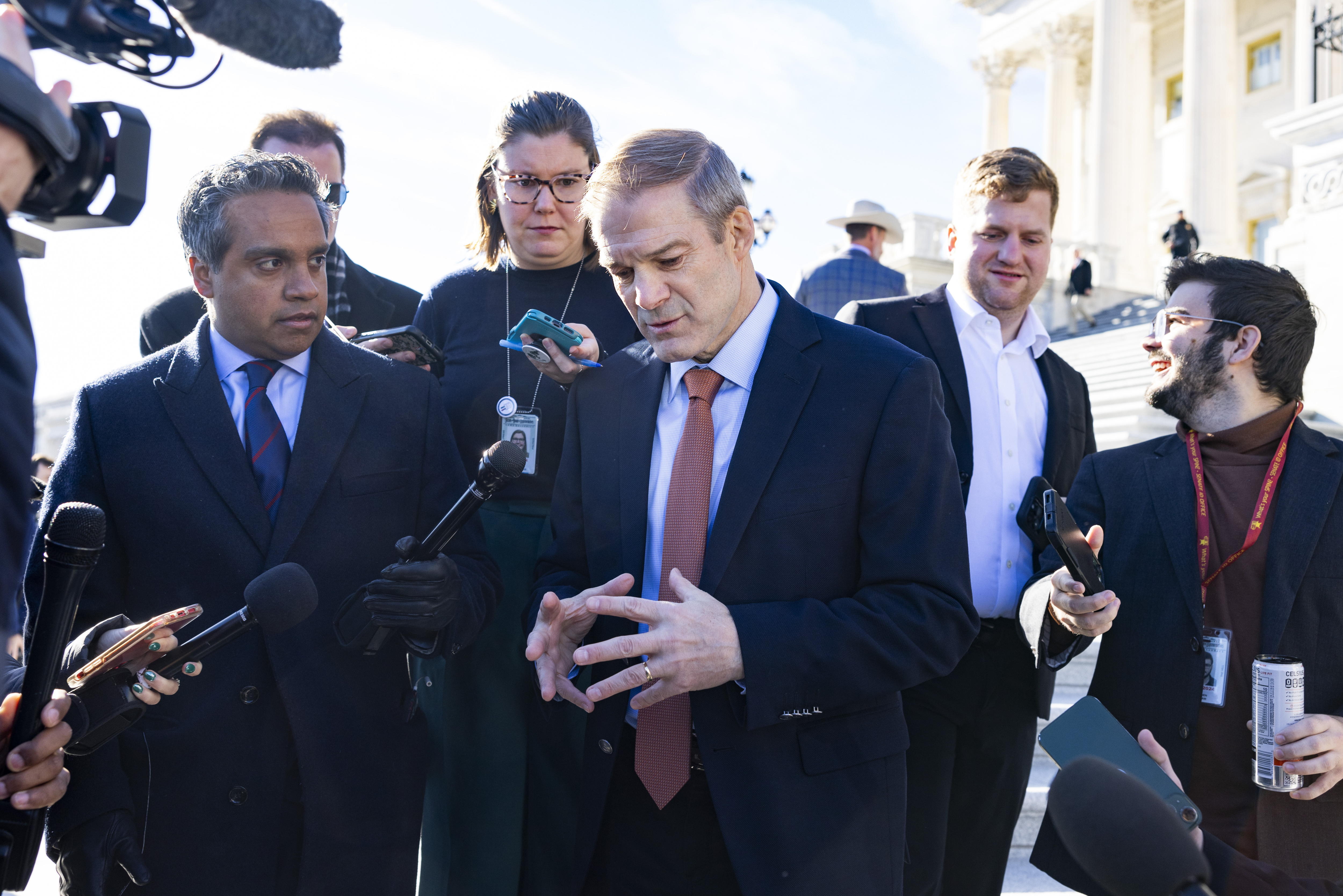 Washington (United States), 14/12/2023.- Republican lawmaker from Ohio Jim Jordan speaks on the House vote to formalize an impeachment inquiry of US President Joe Biden outside the US Capitol in Washington, DC, USA, 14 December 2023. President Biden labeled the inquiry as 'a baseless political stunt'. (Jordania, Basilea) EFE/EPA/JIM LO SCALZO