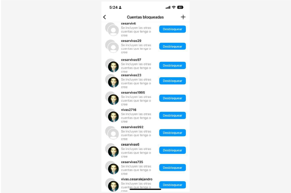 Listado de perfiles que creó Cesar Vivas en Instagram para acosar a Lina Rezk.