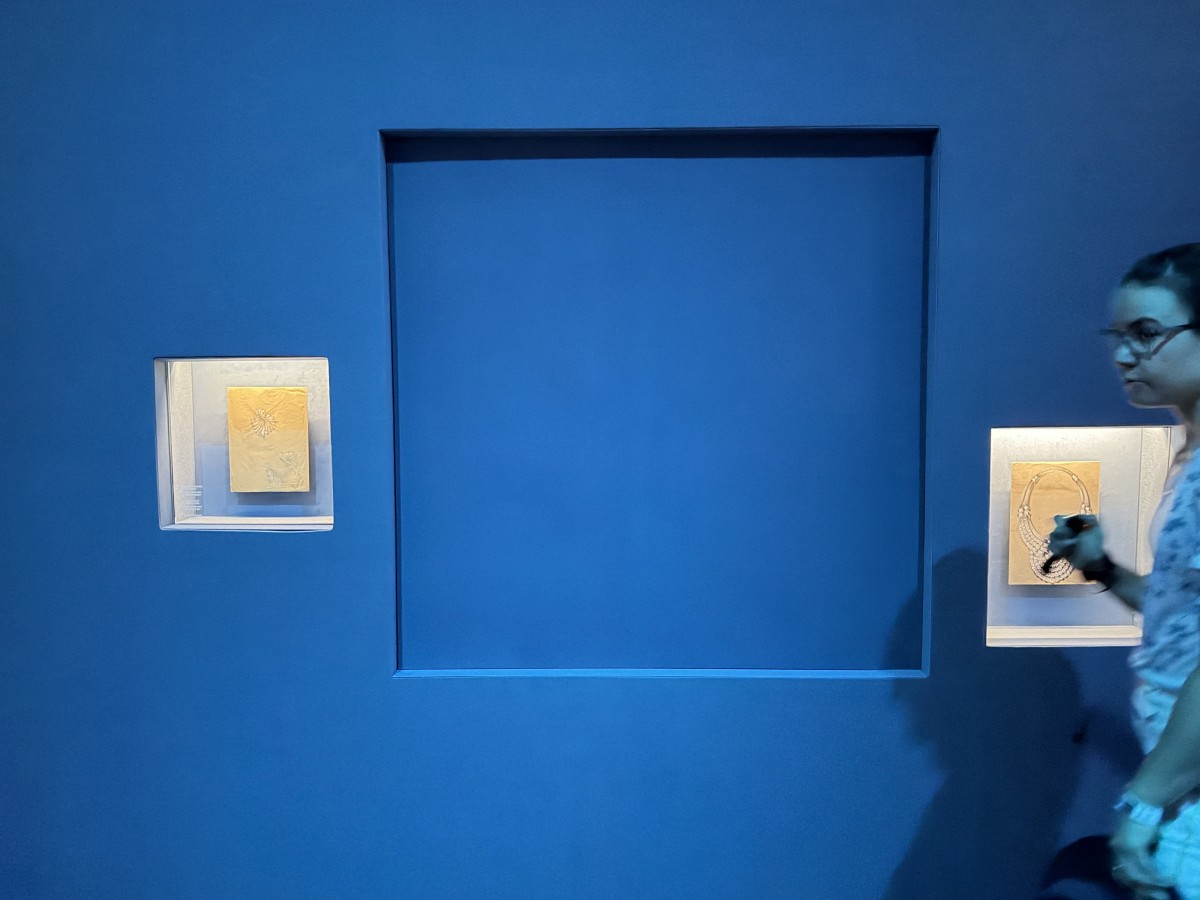 A blue panel covers the area where a display case was smashed and a Van Cleef and Arpels necklace was stolen at Vienna's Museum of Applied Arts (MAK), in Vienna, Austria, on August 28, 2026.
