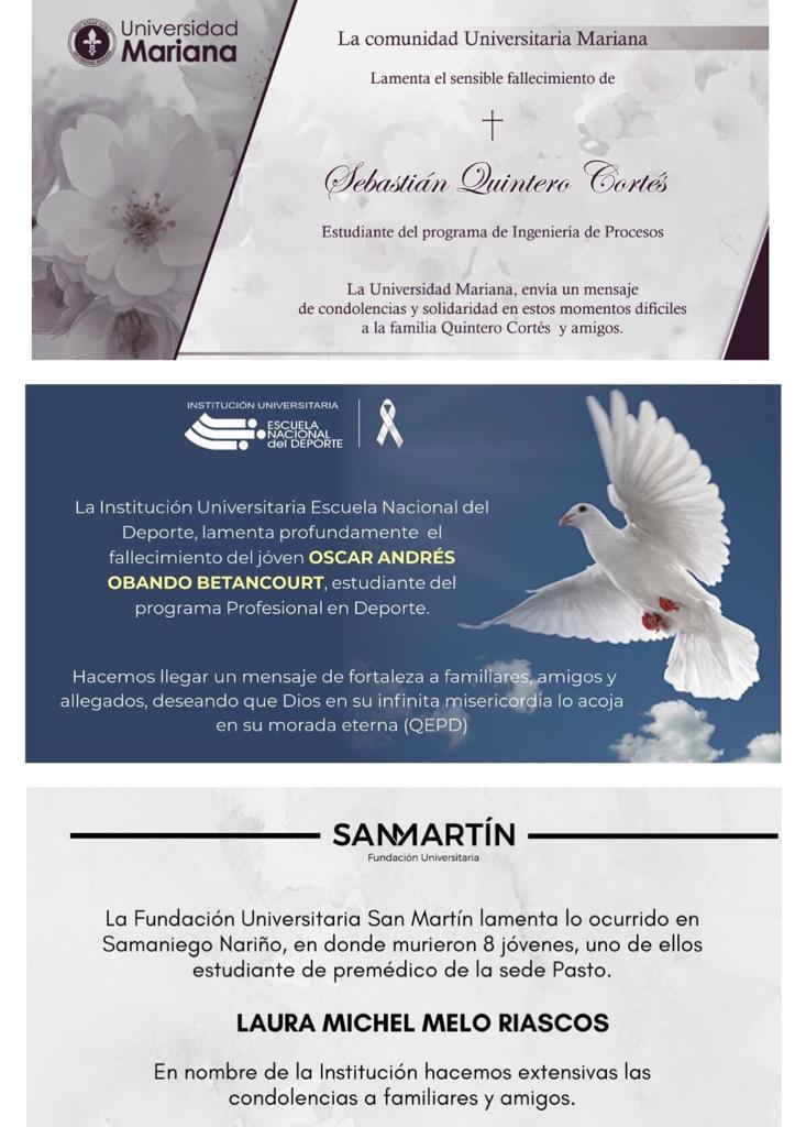 Así lamentaron la muerte de sus estudiantes algunas de las universidades donde las víctimas estudiaban.