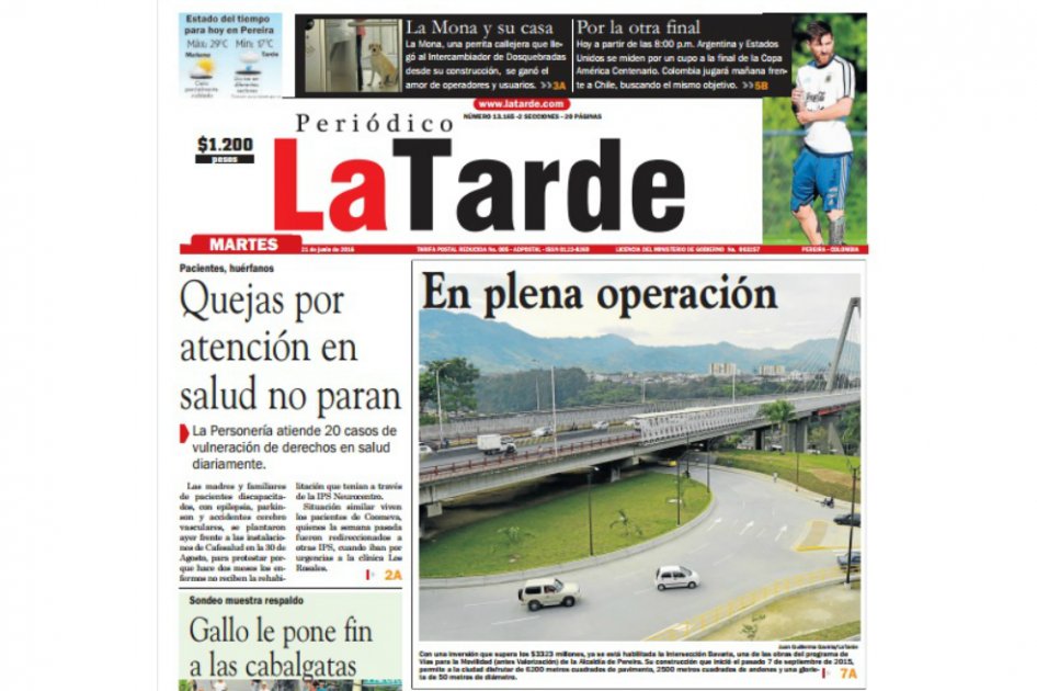 Esta es la portada de la última edición de La Tarde. El diario liberal deja de existir luego de 40 años, y se fusionará con su tradicional competidor El Diario del Otún, que lo adquirió en 2015. / Cortesía La Tarde