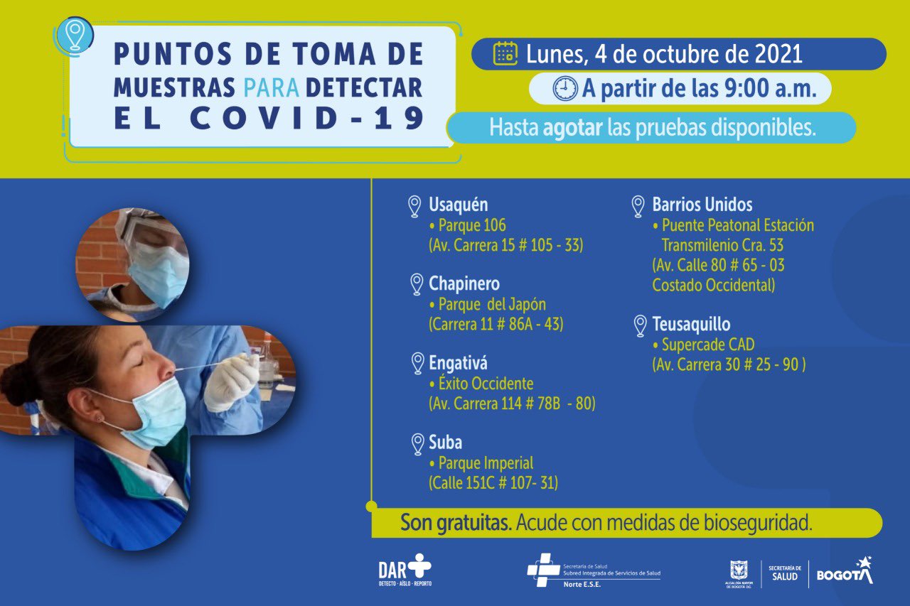¿Dónde hay pruebas gratuitas para Covid-19 este lunes 4 de octubre en Bogotá?