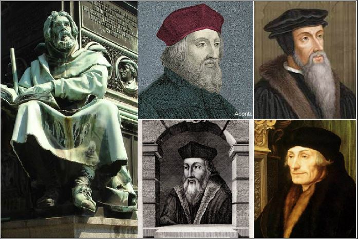 Pedro Valdo, comerciante de Lyon, Juan Huss, teólogo checo, Juan Wycliff, clérigo inglés, Jerónimo de Praga y Erasmo de Rotterdam.