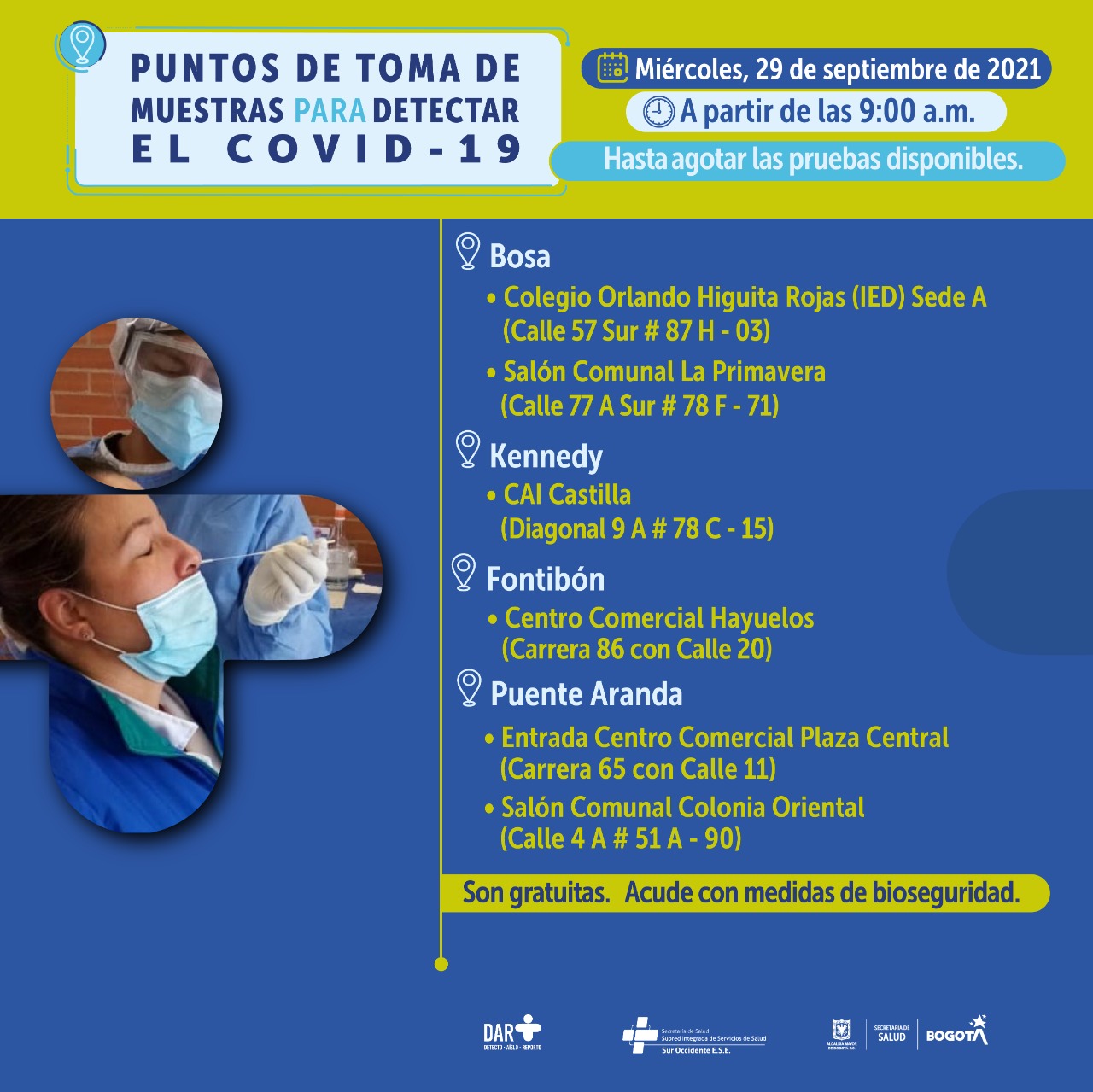 Estos son los puntos para toma de pruebas COVID-19 este miércoles en Bogotá.