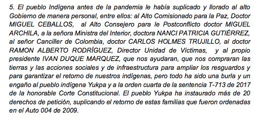 A la fecha, en un balance general de la situación de las comunidades indígenas en el país a raíz del COVID-19, la Organización Nacional Indígena de Colombia (ONIC) precisó quehay cuatro comunidades directamente afectadas por la pandemia: los Pastos (trescasos), los Yukpa (trescasos con el de hoy), losZenú (uncaso en territorio y uno más en Bogotá) y los Ticuna (uncaso). Además, hay 52 casos por confirmar y cuatro recuperados.