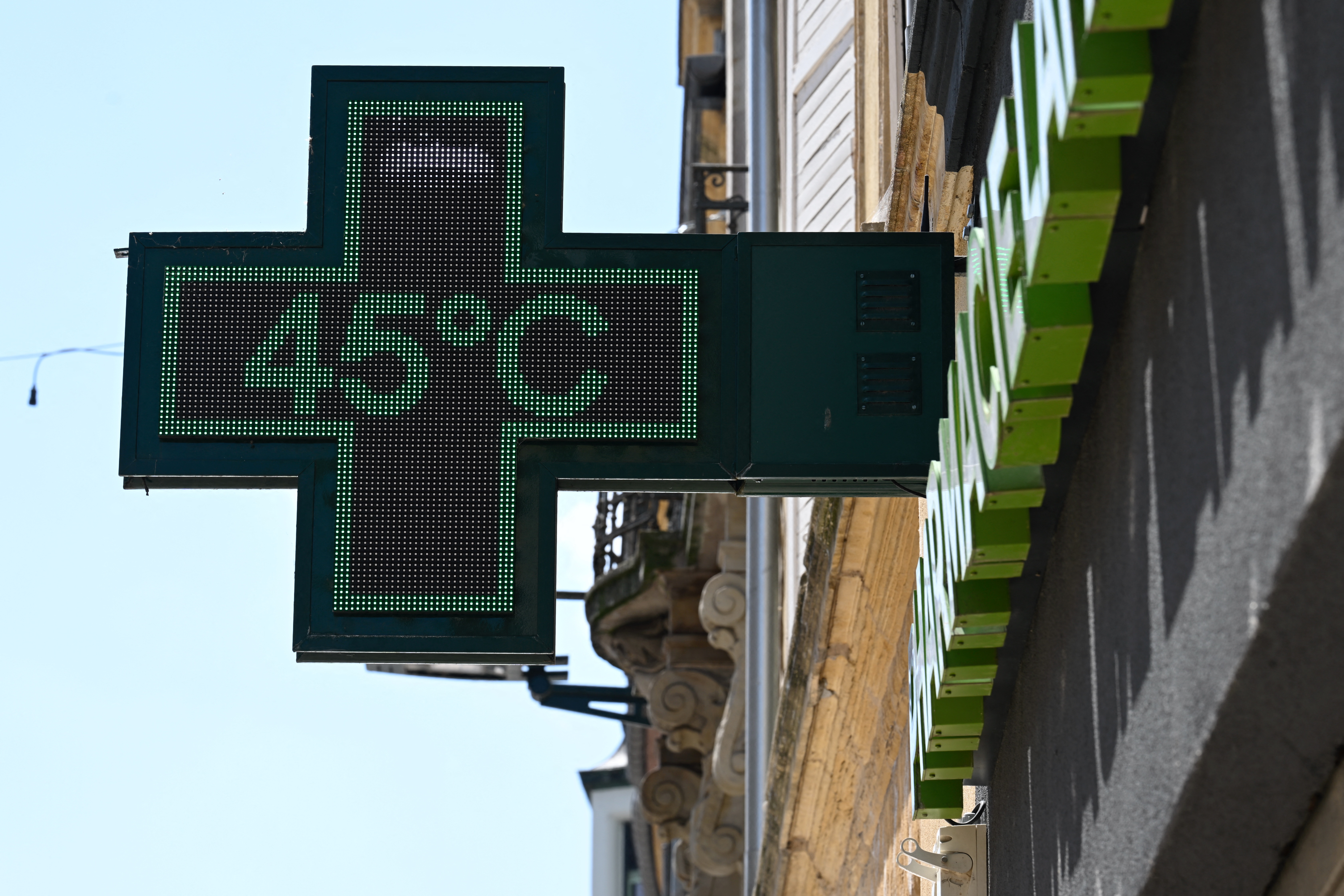 (FILES) A pharmacy sign displays a temperature of 45 degrees Celsius in Thionville, north-eastern France, on July 2, 2025, as a heatwave hits Europe.
