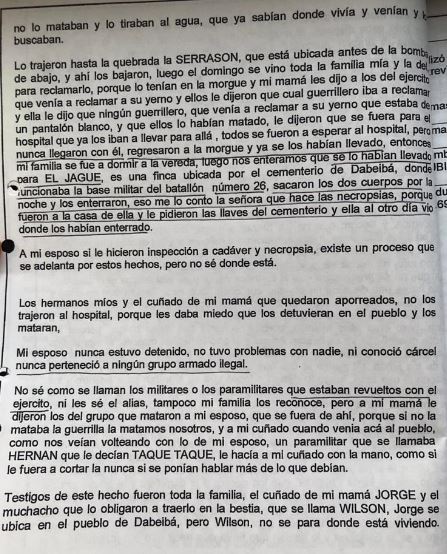 Este es el documento de la Fiscalía, en el que se toma una entrevista a Rubiela Manco, esposa de Edinson Lezcano, el 20 de mayo de 2010, ocho años después de su asesinato.)