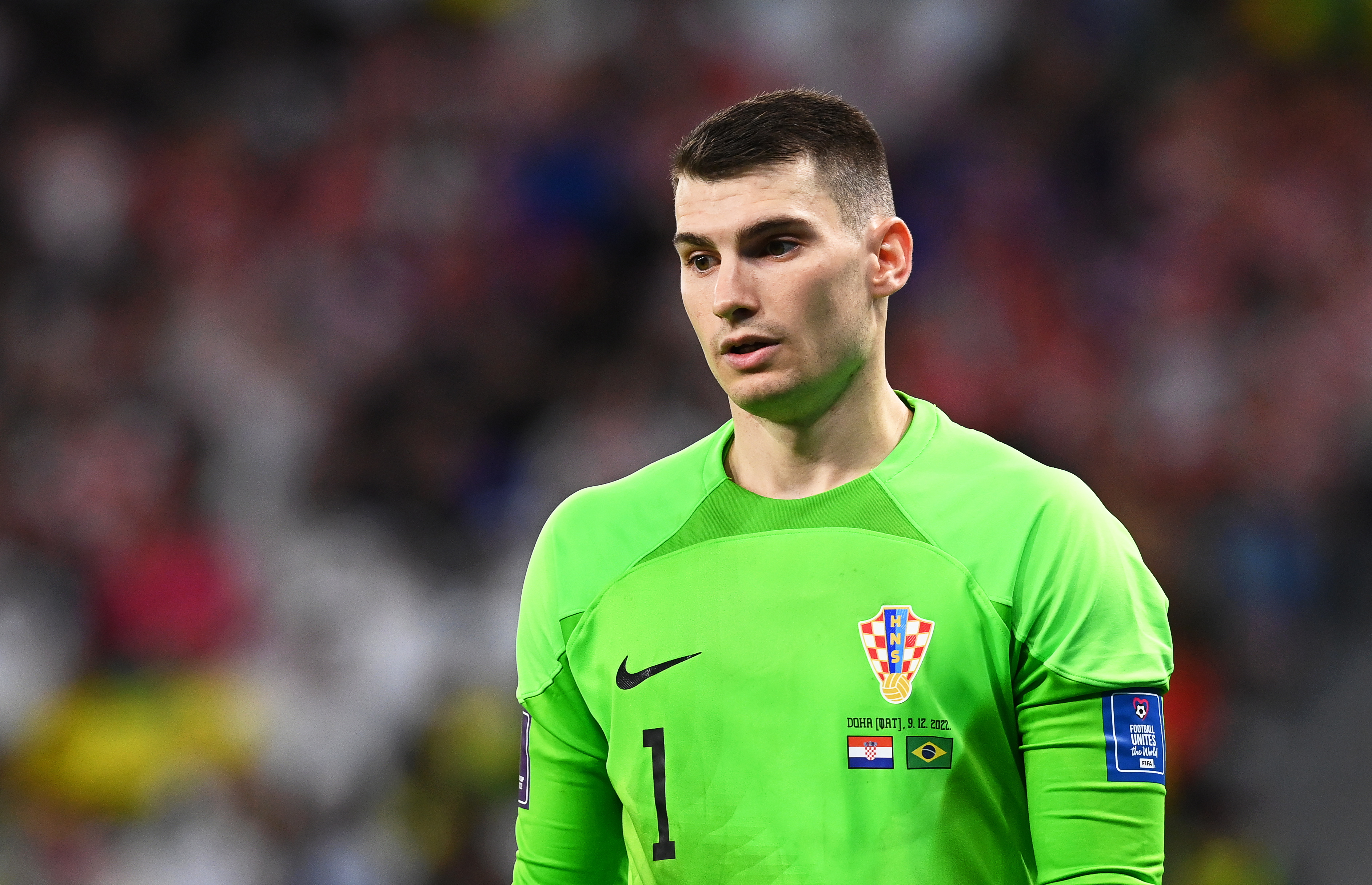 Doha (Qatar), 09/12/2022.- Croatia's goalkeeper Dominik Livakovic reacts during the FIFA World Cup 2022 quarter final soccer match between Croatia and Brazil at Education City Stadium in Doha, Qatar, 09 December 2022. (Mundial de Fútbol, Brasil, Croacia, Catar) EFE/EPA/Georgi Licovski