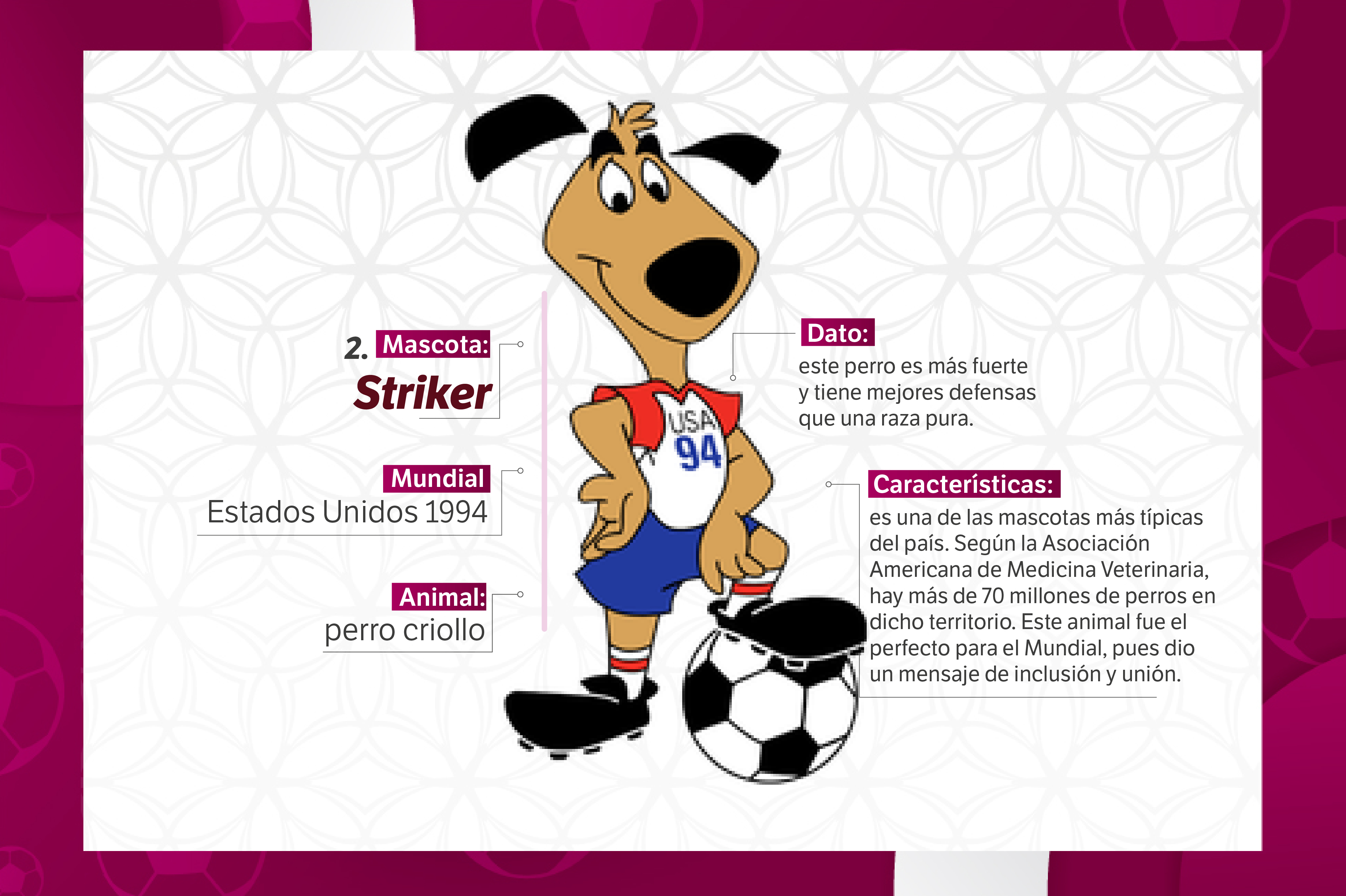 Striker es un perro criollo y fue elegido como la mascota oficial del mundial disputado en 1994 en Estados Unidos.