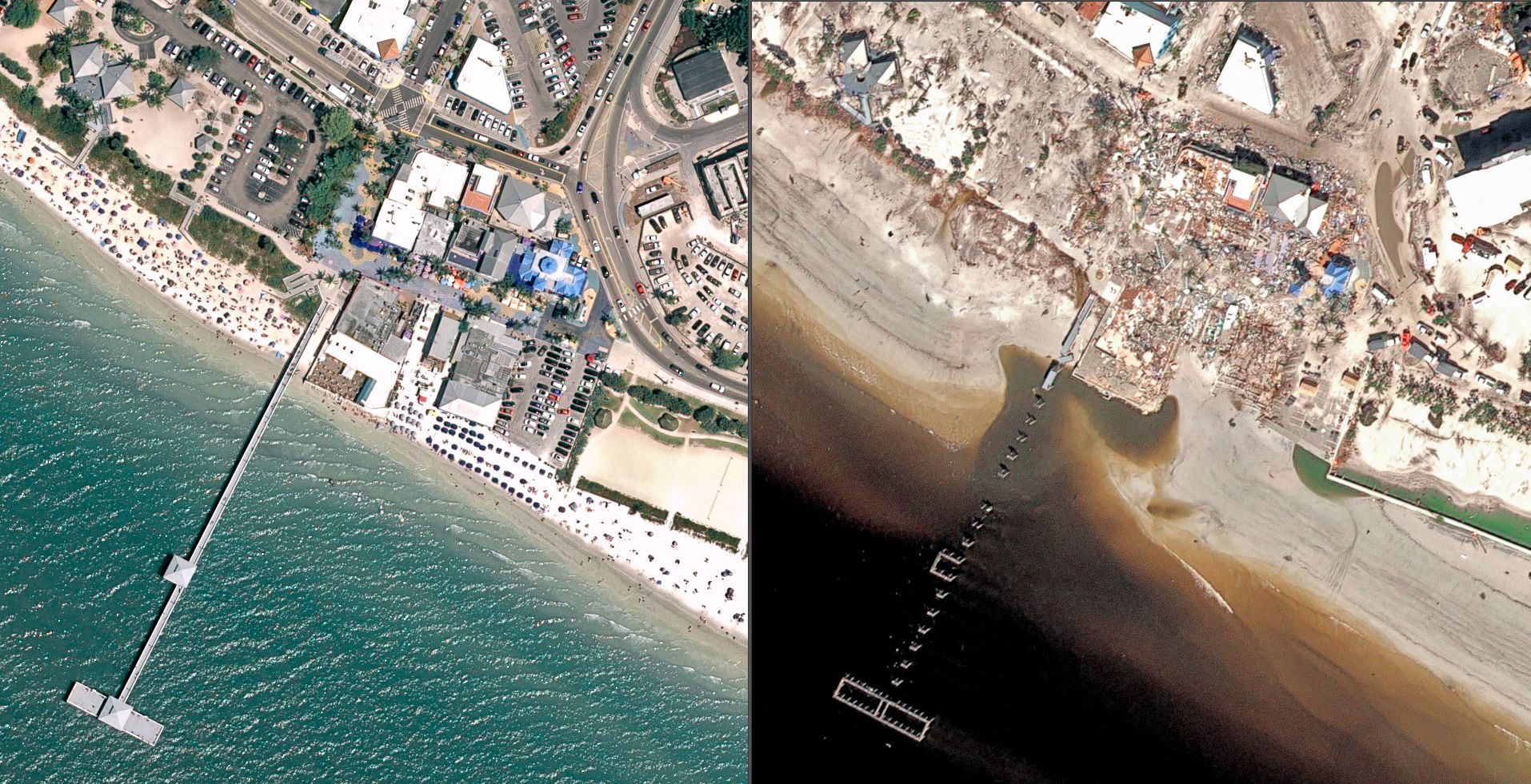 Fort Myers Beach, Florida, antes y después del paso del huracán Ian.