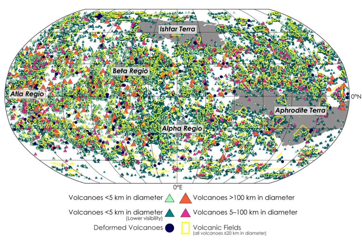 El mapa muestra las características volcánicas en Venus.