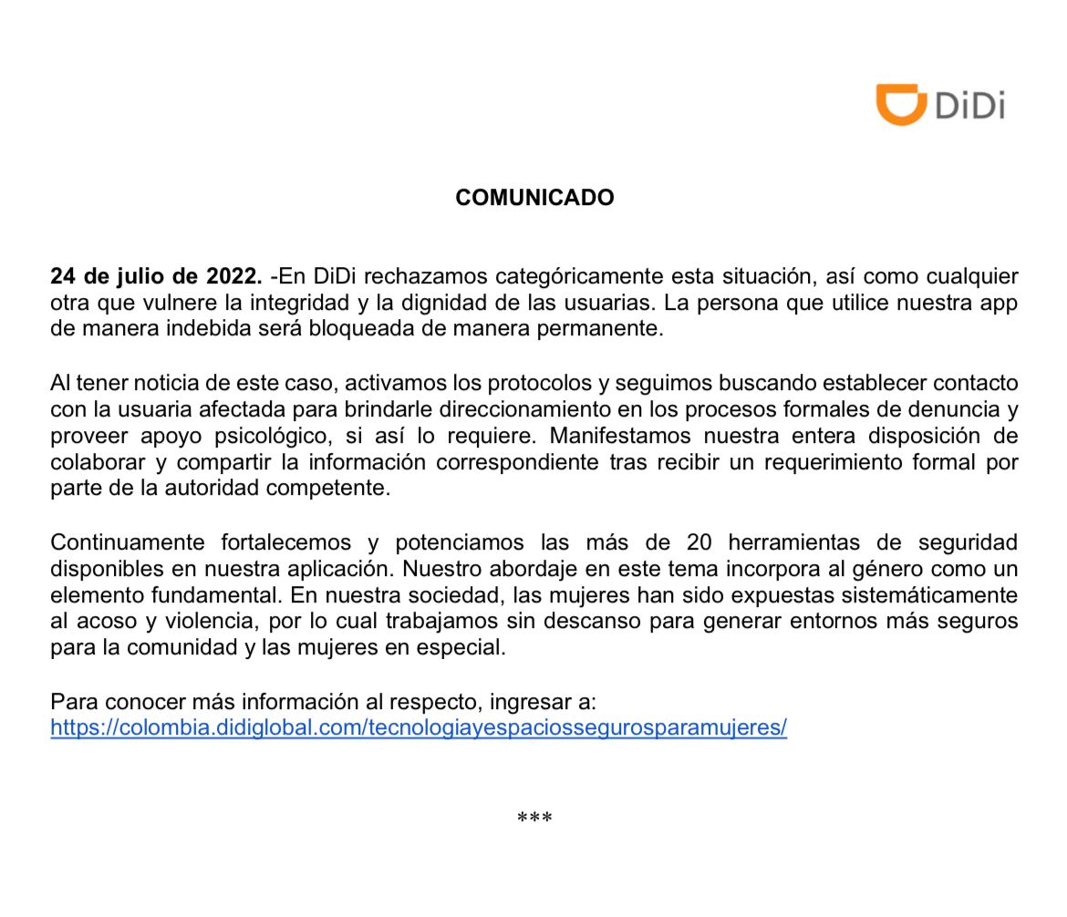 La empresa Didi señaló en un comunicado que está presta a dar toda la información necesaria, cuando reciba un requerimiento formal.