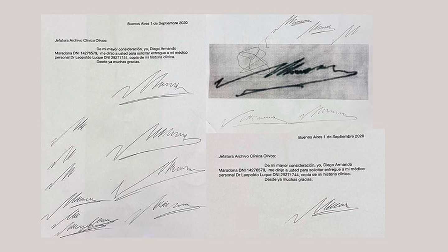 El documento que supuestamente firmó Diego Armando Maradona y otras hojas en las que Leopoldo Duque habría practicado la firma del exjugador de la selección de Argentina.