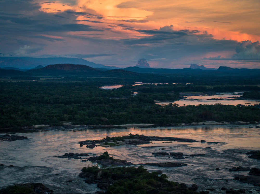 Aerial photo of Orinoco River and tepui of Colombia.