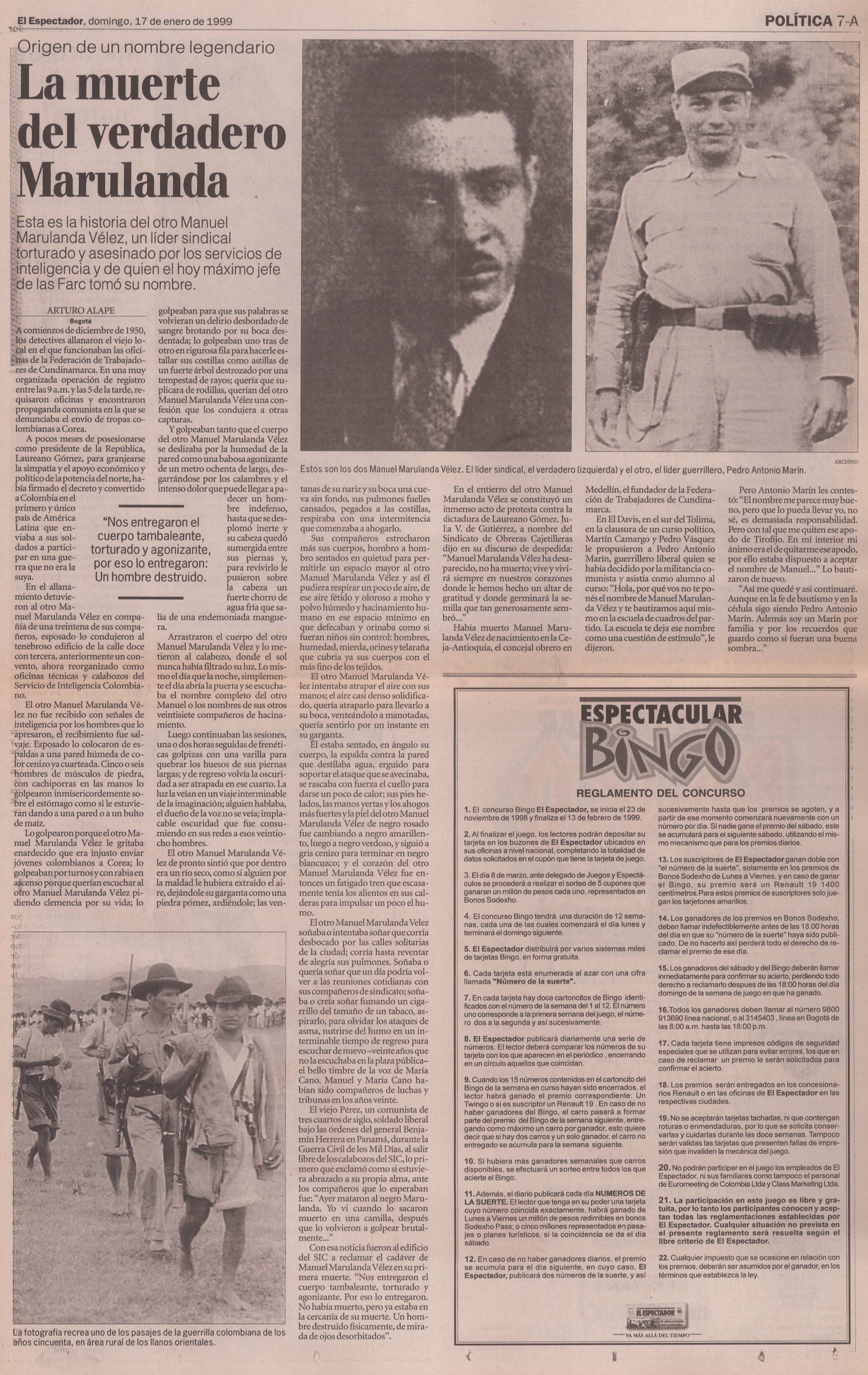 Imagen de la edición del 17 de enero de 1999, para la cual Arturo Alape escribió un artículo sobre Manuel Marulanda Vélez.