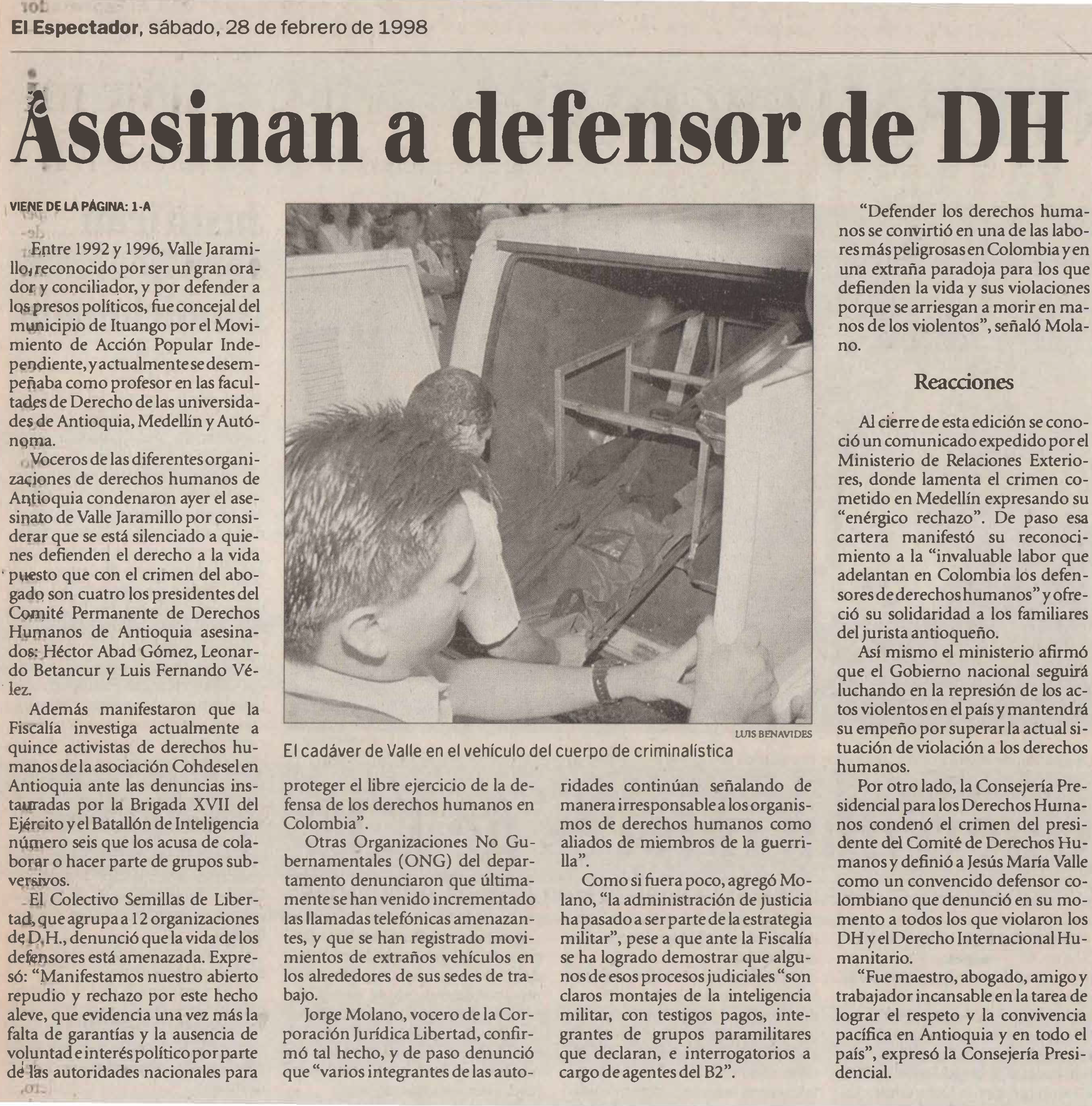 Así reportó El Espectador el sábado 28 de febrero de 1998 el asesinato de Jesús María Valle.