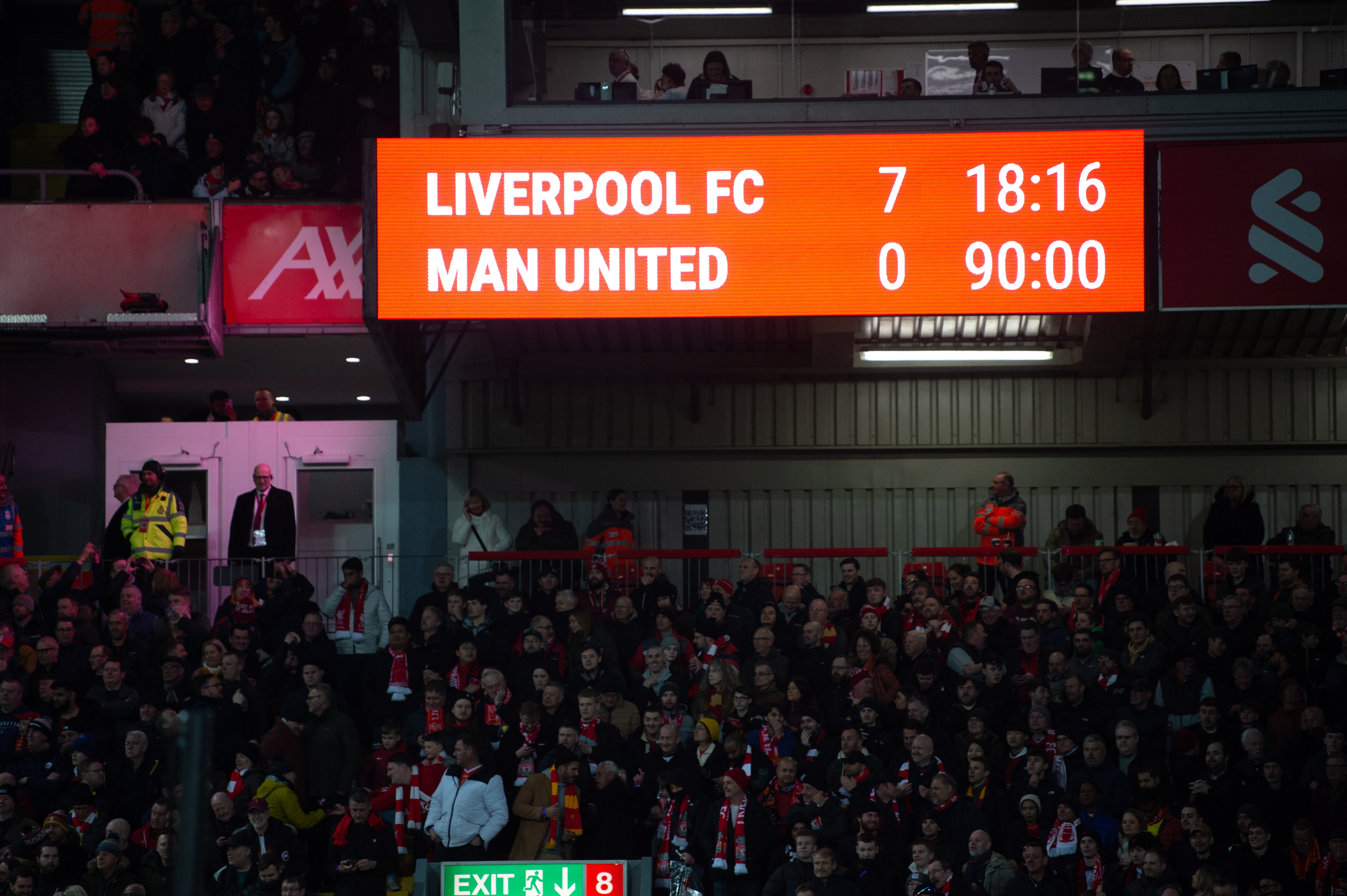 Liverpool (United Kingdom), 05/03/2023.- The scoreboard shows the 7-0 score in Anfield during the English Premier League soccer match between Liverpool FC and Manchester United in Liverpool, Britain, 05 March 2023. (Reino Unido) EFE/EPA/Peter Powell EDITORIAL USE ONLY. No use with unauthorized audio, video, data, fixture lists, club/league logos or 'live' services. Online in-match use limited to 120 images, no video emulation. No use in betting, games or single club/league/player publications