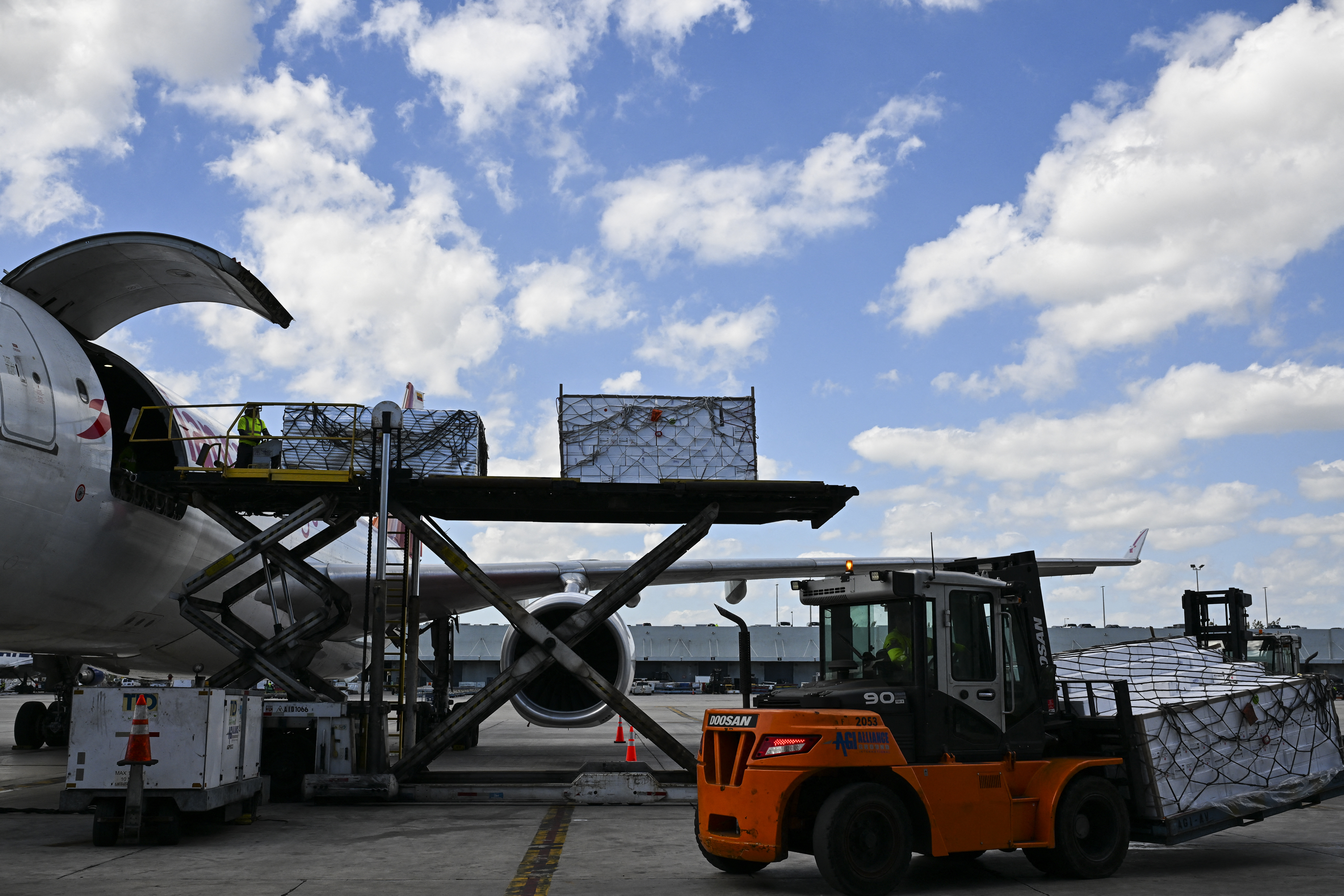 (FILES) Avianca Cargo employees unload flower crates from a cargo plane at the Miami International Airport in Miami, Florida, on February 12, 2024.