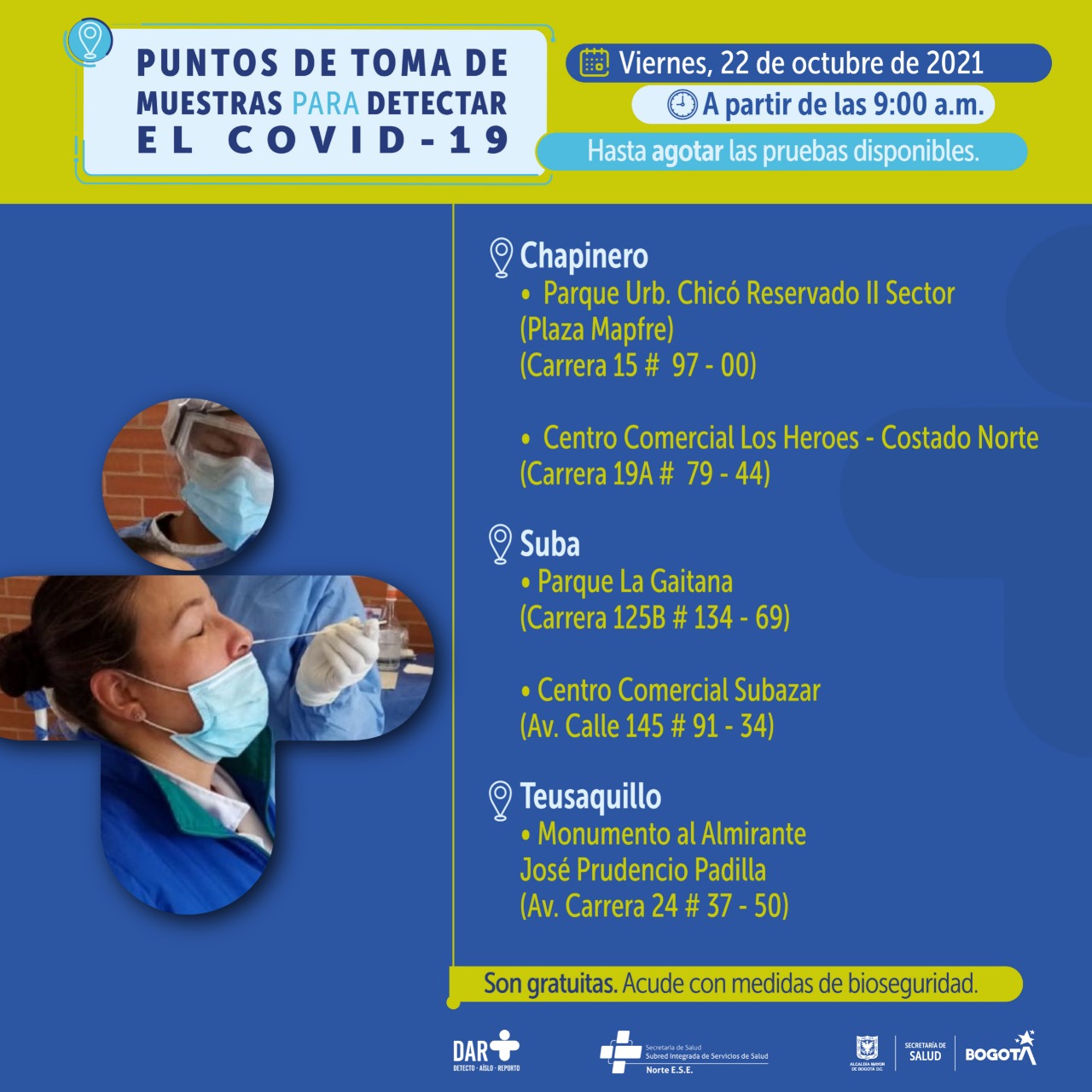 Estos son los puntos para toma de pruebas COVID-19 este viernes en Bogotá.