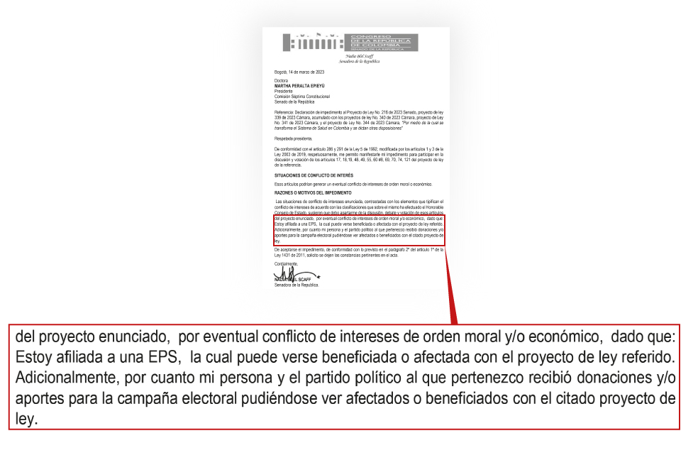 Nadia Blel, senadora conservadora, presentó su impedimento para la reforma a la salud.