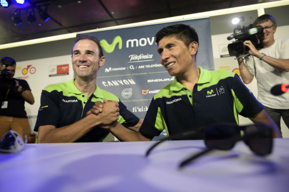 Alejandro Valverde y Nairo Quintana en la rueda de prensa del equipo Movistar previo al Tour de Francia. Foto: AFP