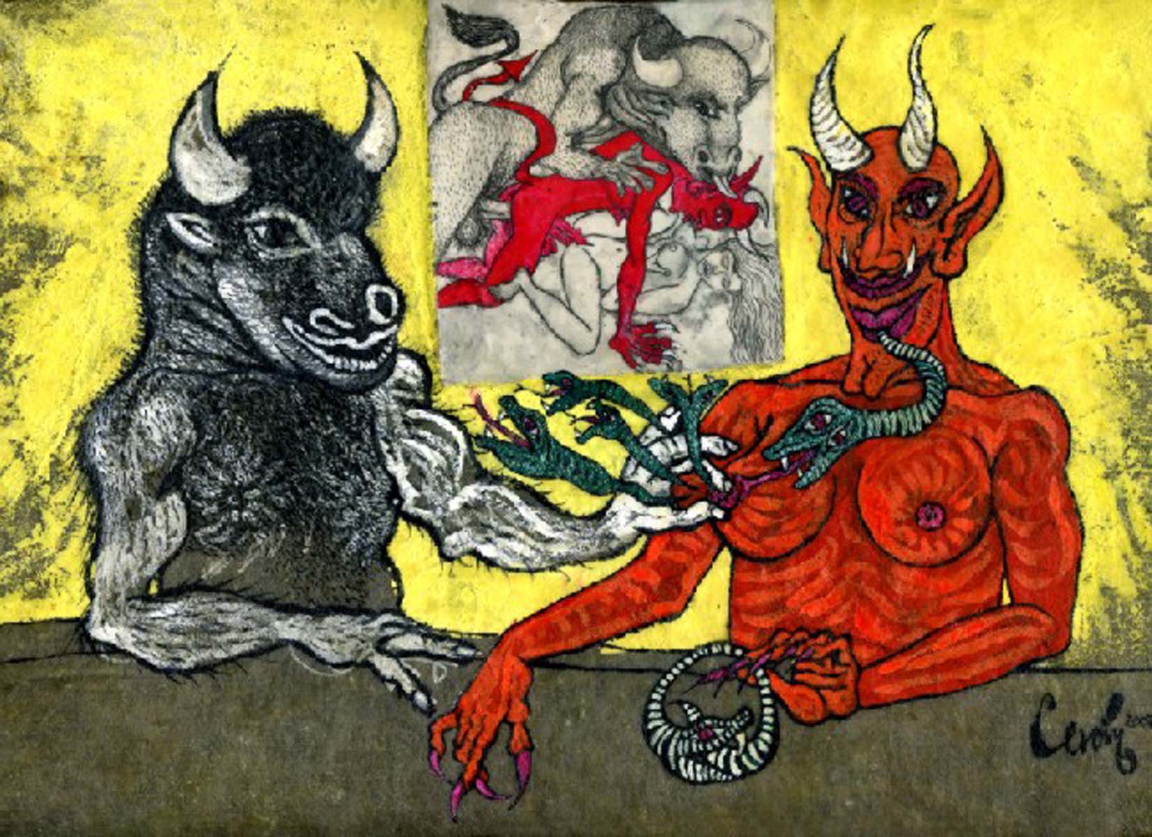 Serie La tangente y la mirada, "Minotauro Rey, técnica mixta", 20'07. / Gilberto Cerón