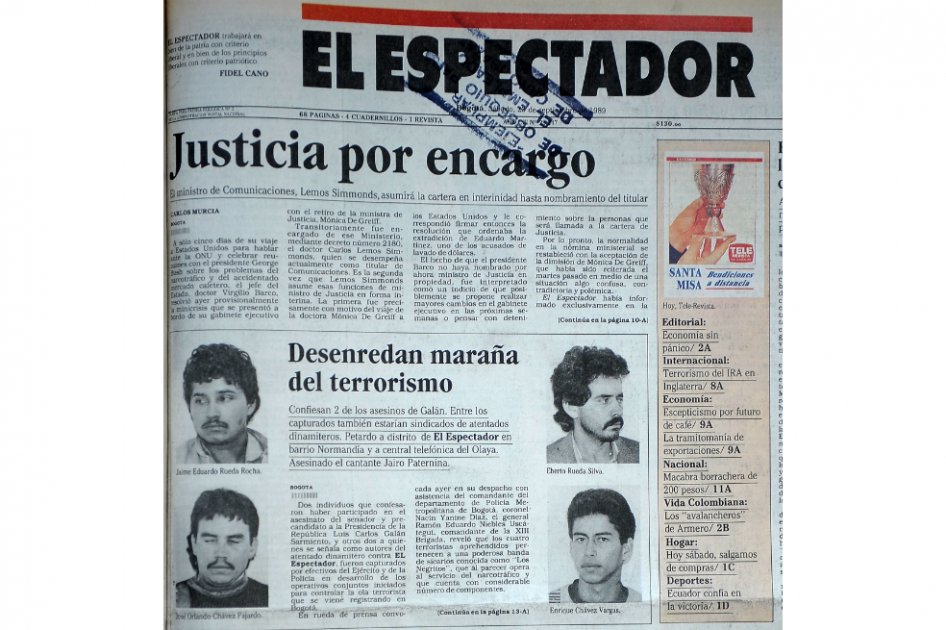 Portada de El Espectador del 23 de septiembre de 1989, que registra la captura del segundo grupo de presuntos asesinos de Galán.
