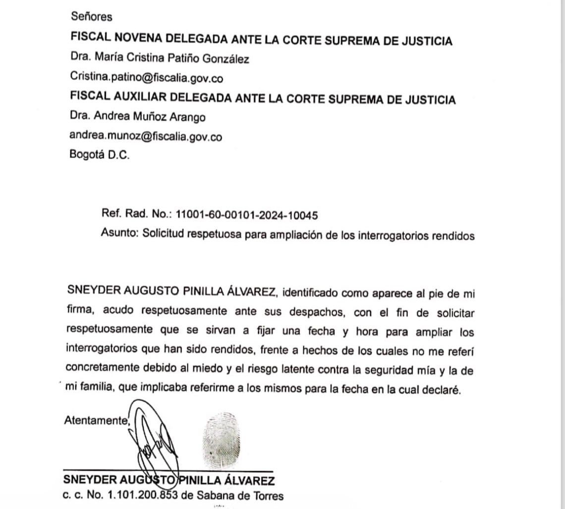 Solicitud de ampliación de interrogatorio de Sneyder Pinilla ante la Fiscalía.