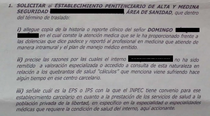 Tutela fallada a favor de un interno
