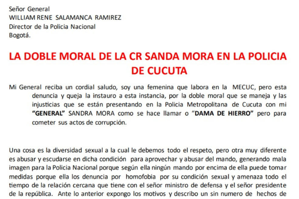 Carta anónima dirigida al general William Salamanca, director de la Policía.