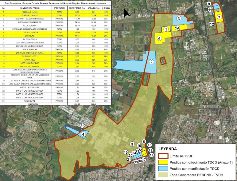 Plano de localización predios con ofrecimiento para TDCD - Reserva Forestal Thomas van der Hammen.