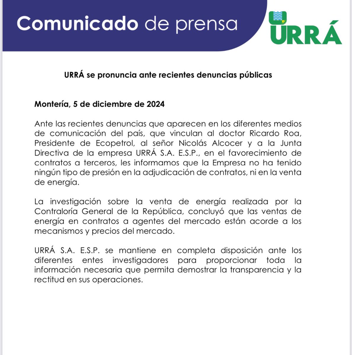 Urrá S.A. niega presiones de Ricardo Roa y Nicolás Alcocer en las decisiones de su junta directiva.