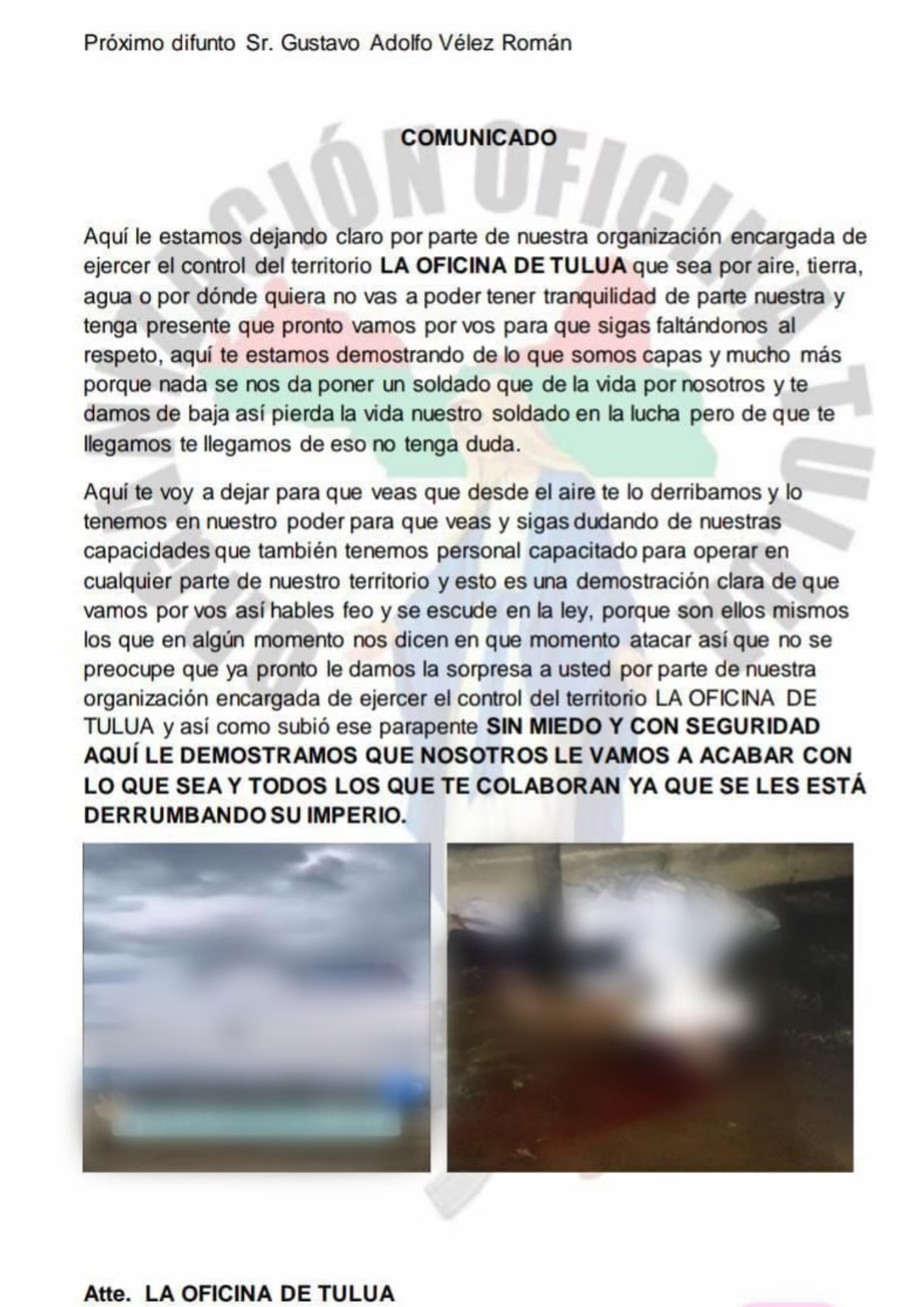 En el documento, la banda criminal se atribuye el asesinato del parapentista de 63 años.