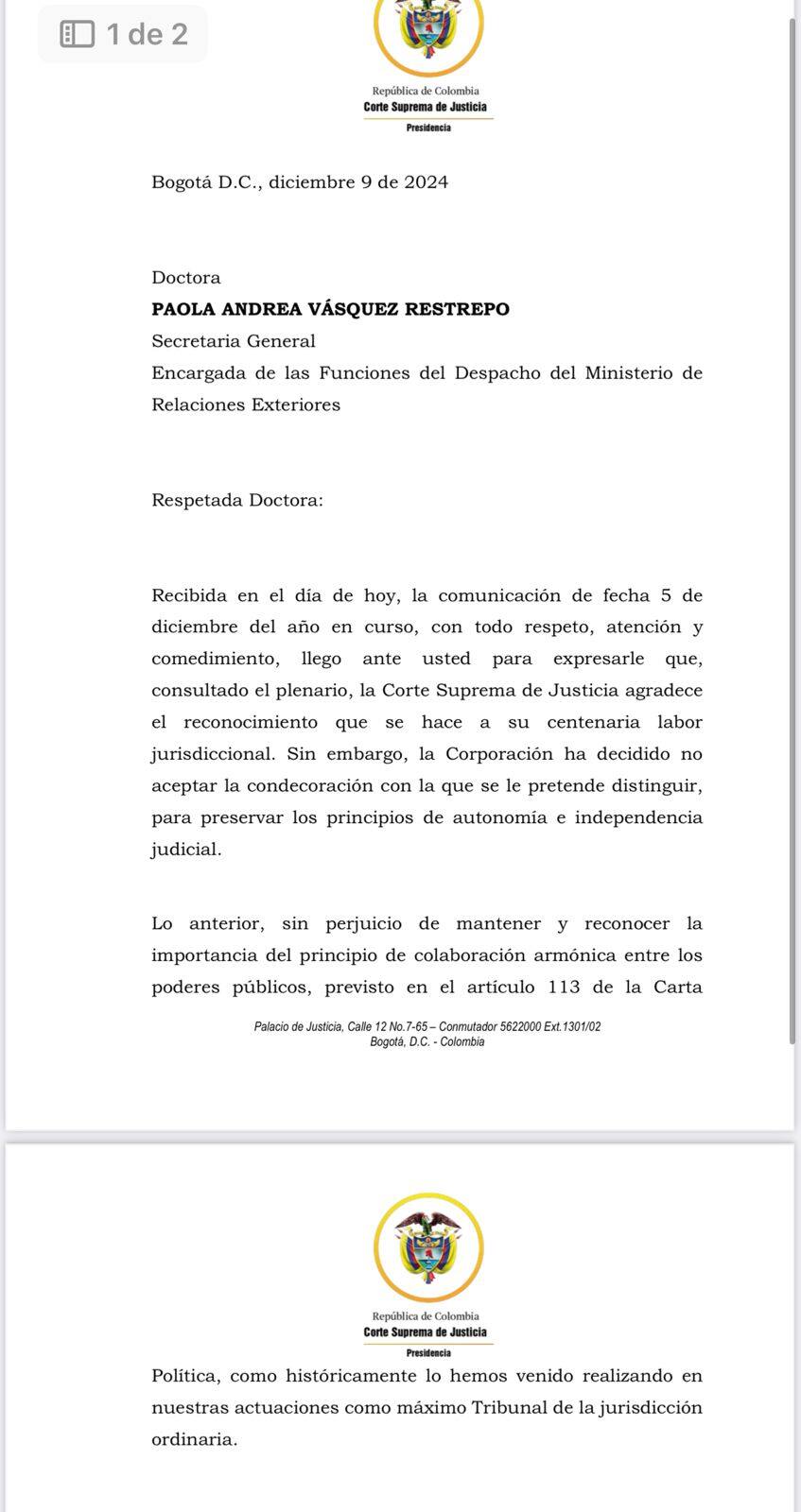 Corte Suprema de Justicia rechazó la condecoración que le ofreció el gobierno de Gustavo Petro.