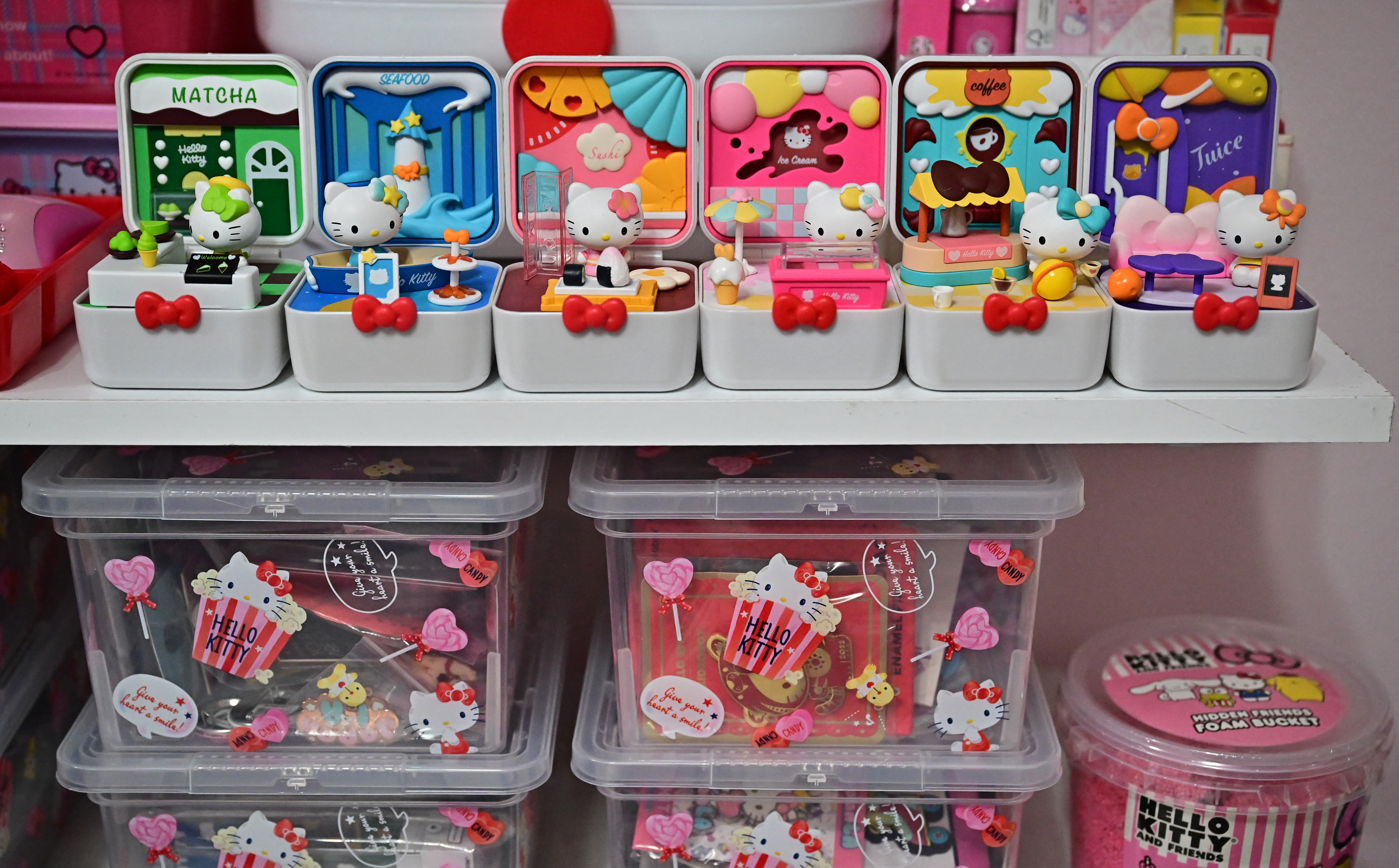 This picture taken on October 19, 2024 shows items that are part of Helen's collection, founder of the 'Hello Kitty SoCal Babes' fan club, inside her "she-shed" in Riverside County, California.
