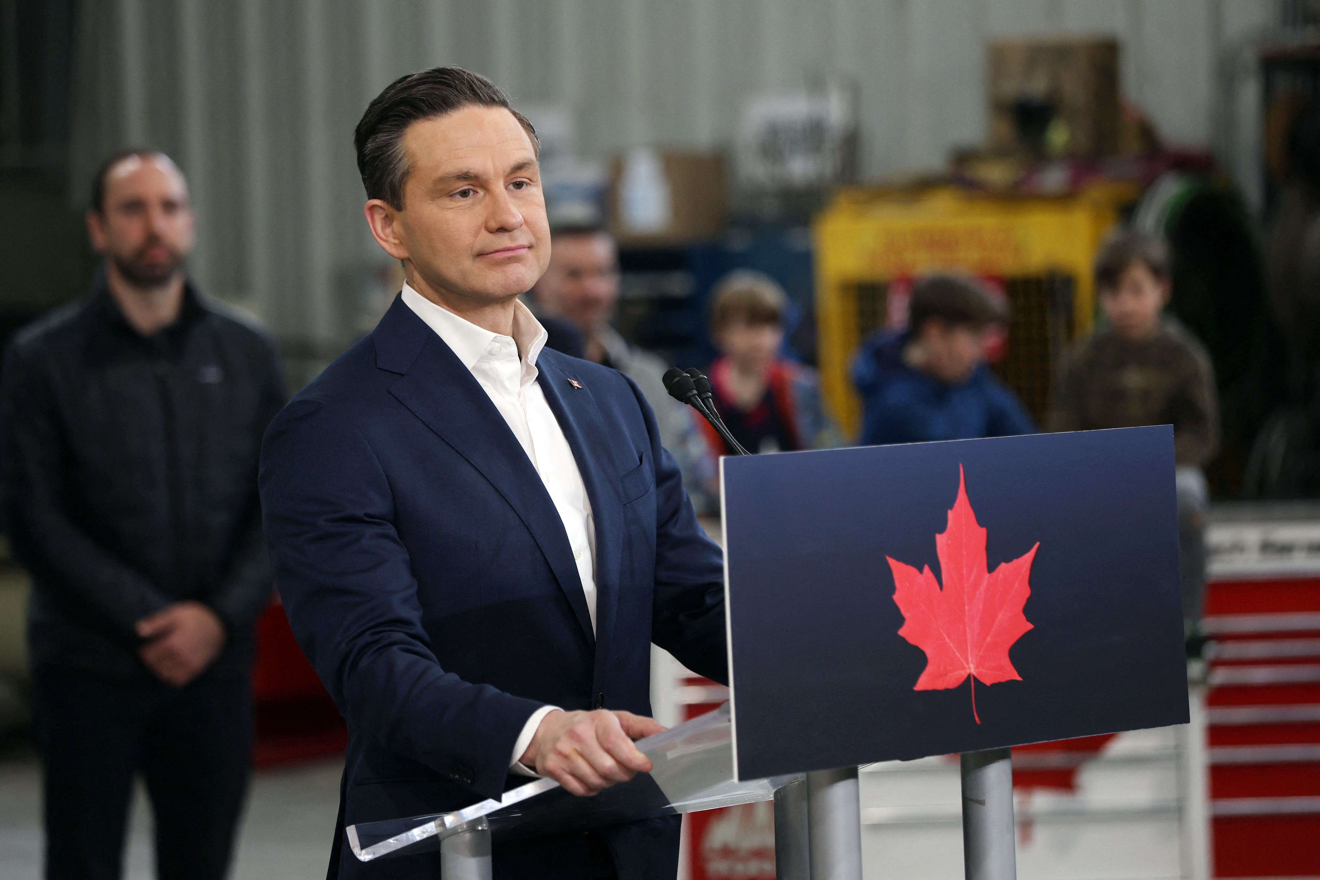 Canadian Conservative leader Pierre Poilievre speaks during a campaign event on April 12, 2025, in Ottawa, Canada.