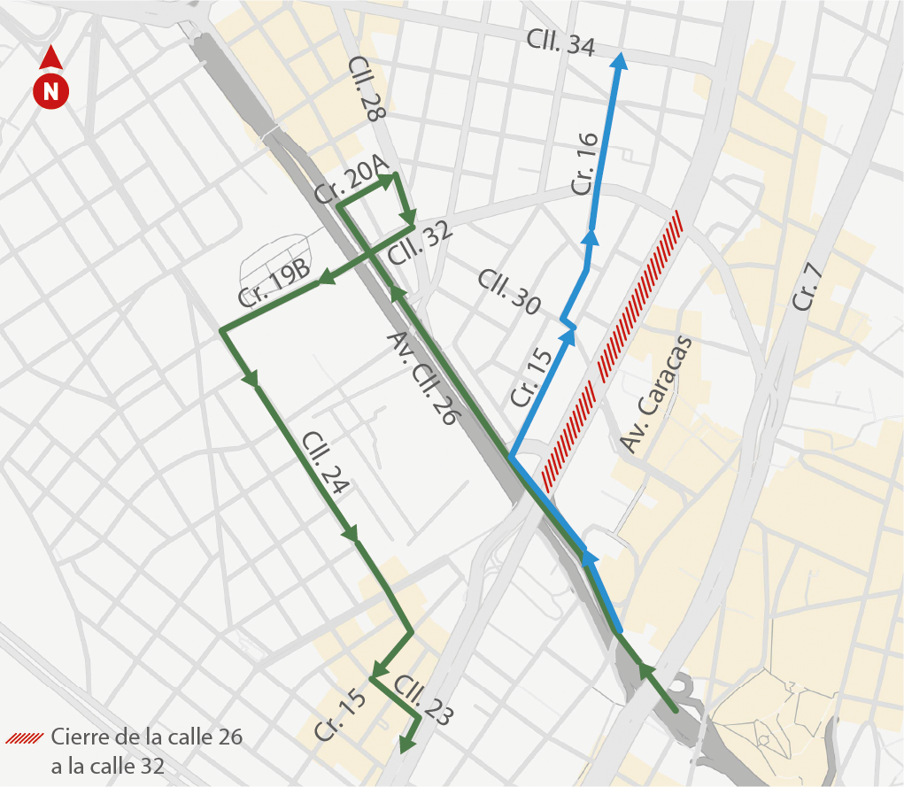 Desvío para los vehículos que transiten desde el oriente al norte y el sur.
