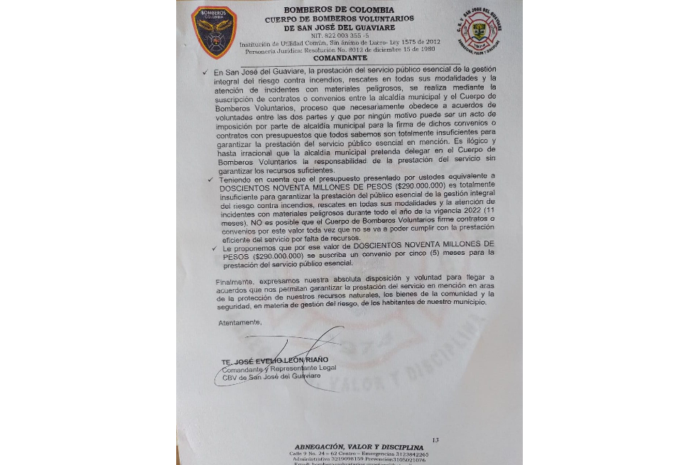 Comunicado del Cuerpo de Bomberos Voluntarios de San José del Guaviare.