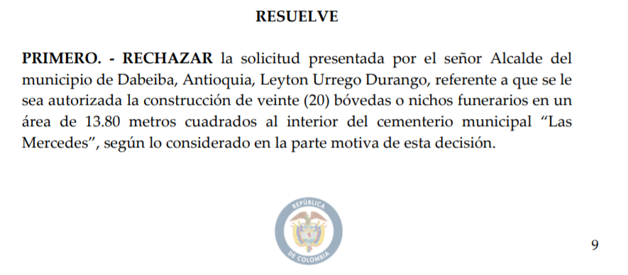 Captura de pantalla de la decisión judicial de la JEP de rechazar la licencia de construcción en el cementerio Las Mercedes.
