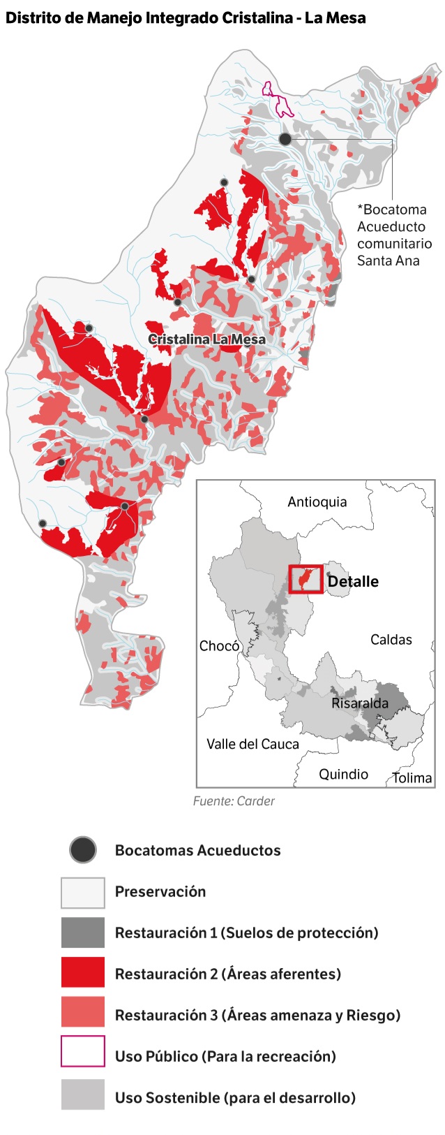 Mapa de zonificación ambiental del DMI Cristalina - La Mesa.
Fuente: Carder / Ilustración: Paula Sánchez