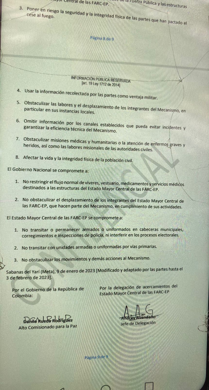Aparte del protocolo de cese al fuego sobre los compromisos que adquirirán el Gobierno Nacional y la disidencia de Iván Mordisco. El cese al fuego iría hasta el 30 de junio.