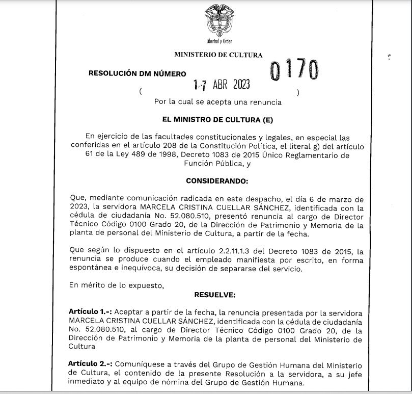 Renuncia de Marcela Cuéllar, directora de Patrimonio Ministerio de Cultura