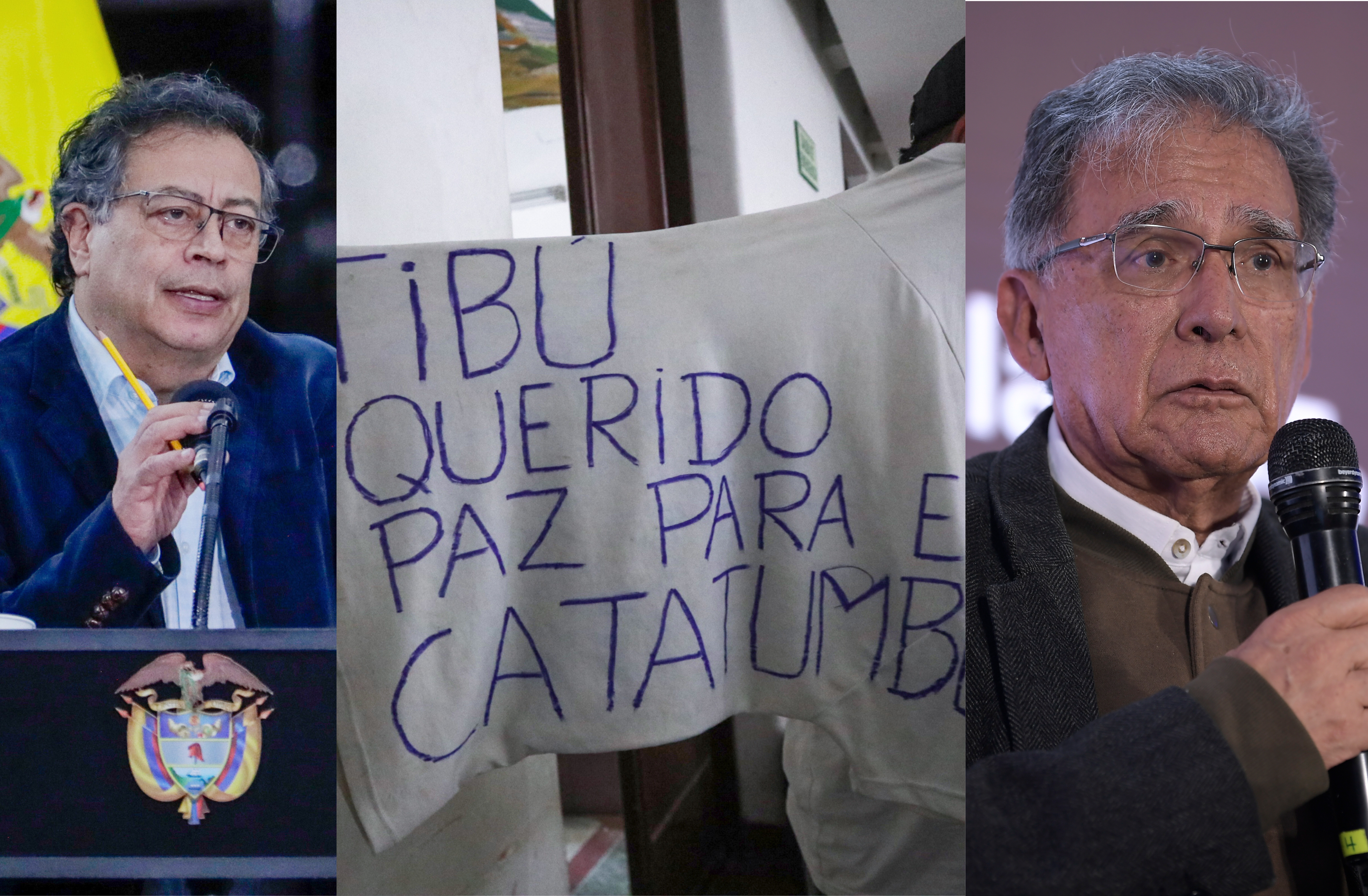 (I-D) El presidente Gustavo Petro, un desplazado del Catatumbo en uno de los refugios expone un mensaje para Tibú, y Camilo González Posso, jefe negociador del Gobierno con la disidencia de Calarcá.