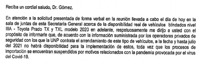 Respuesta de la UNP a solicitud de cambio de vehículos.