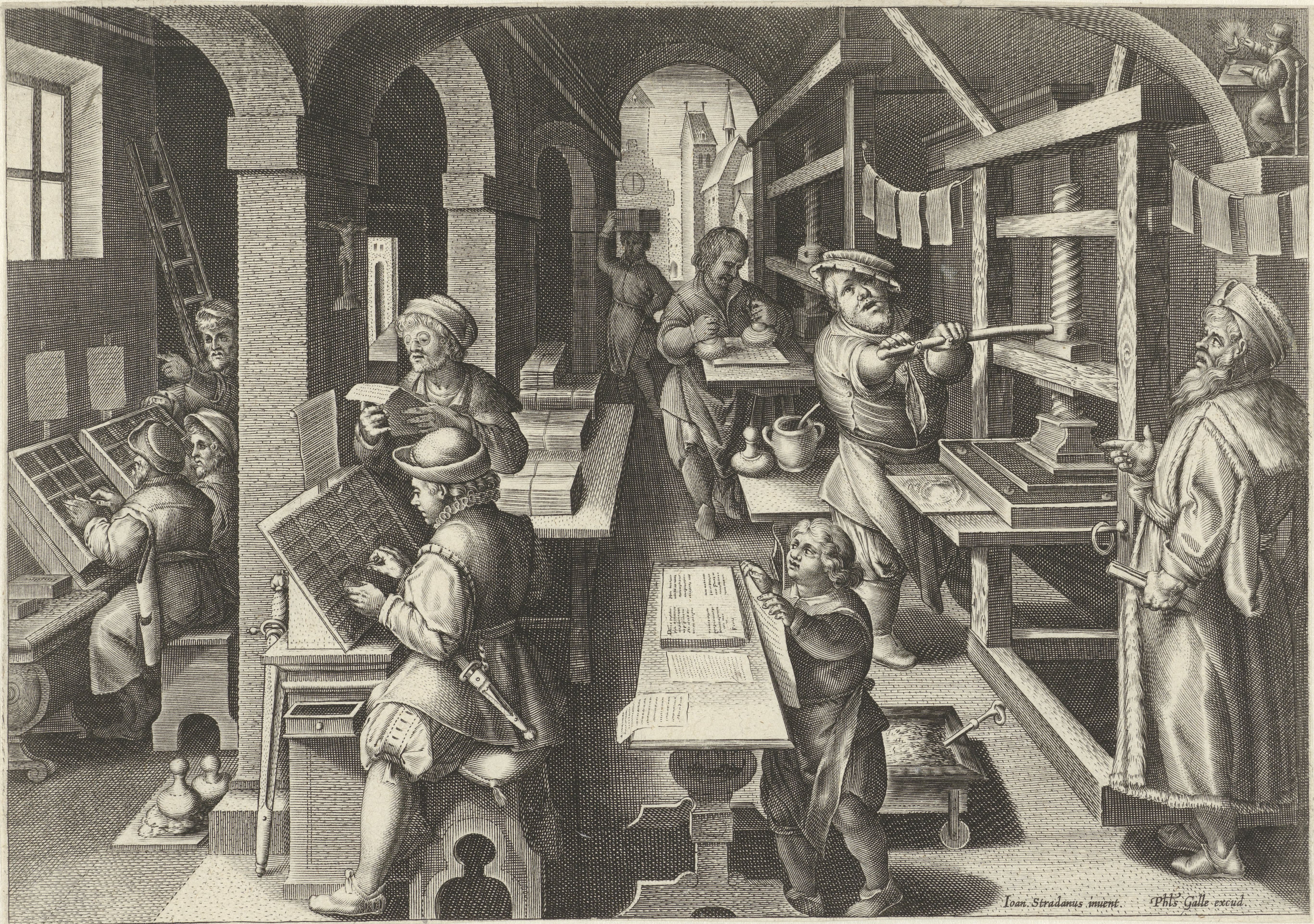 “La invención de la imprenta”, plancha n.o 4 de Nova Reperta, serie de grabados de Johannes Stradamus, impresos por Jan Galle, 1600.