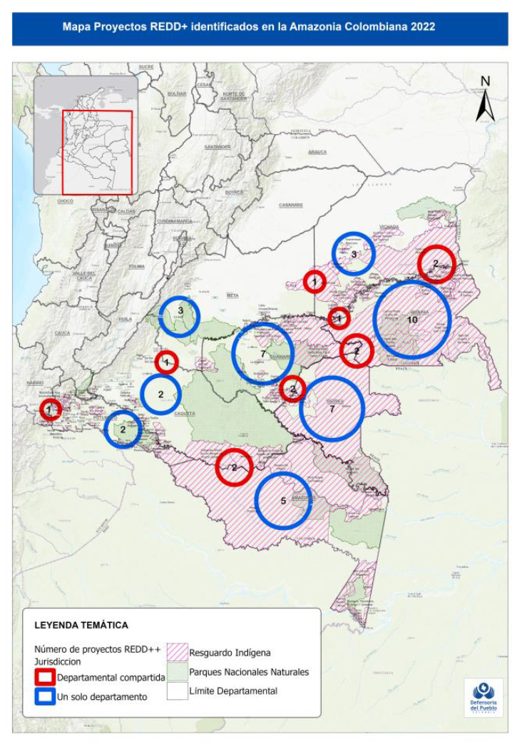 Mapa con los proyectos de bonos de carbono en la Amazonia colombiana.