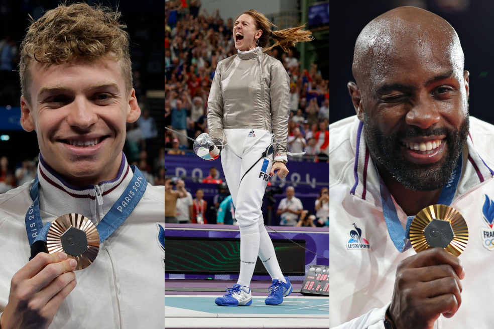 El nadador Léon Marchand, la esgrimista Manon Apithy-Brunet y el judoca Teddy Riner, las figuras de Francia en los Juegos Olímpicos.