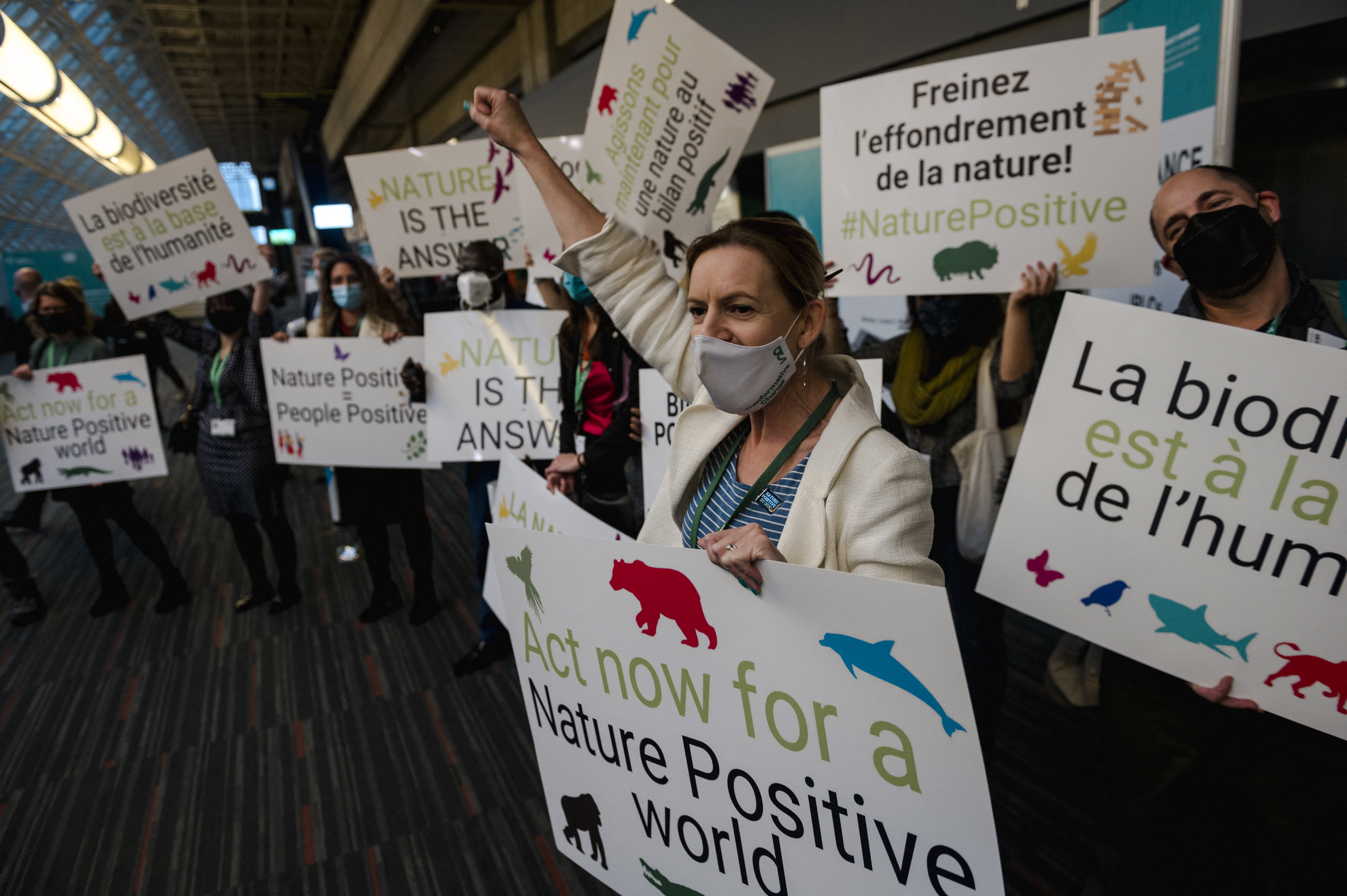 Activistas y miembros del Fondo Mundial para la Naturaleza (WWF) y de la sociedad civil protestan por la positividad de la naturaleza dentro de la Conferencia de las Naciones Unidas sobre Biodiversidad (COP15) en Montreal.