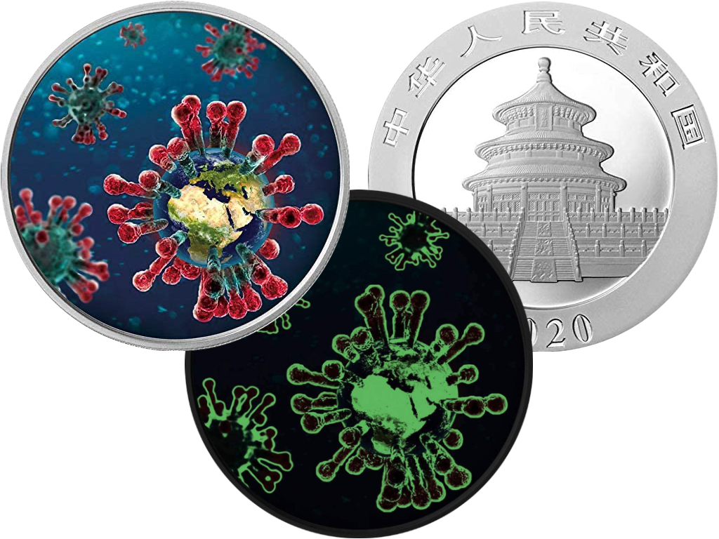 Moneda de plata fina de una onza de 10 yuanes, presenta el efecto de brillo en la oscuridad. Una imagen del virus que aparentemente infecta el planeta tierra aparece en el reverso, mientras que el templo de la Ciudad Prohibida y la fecha del año 2020 están en el anverso.